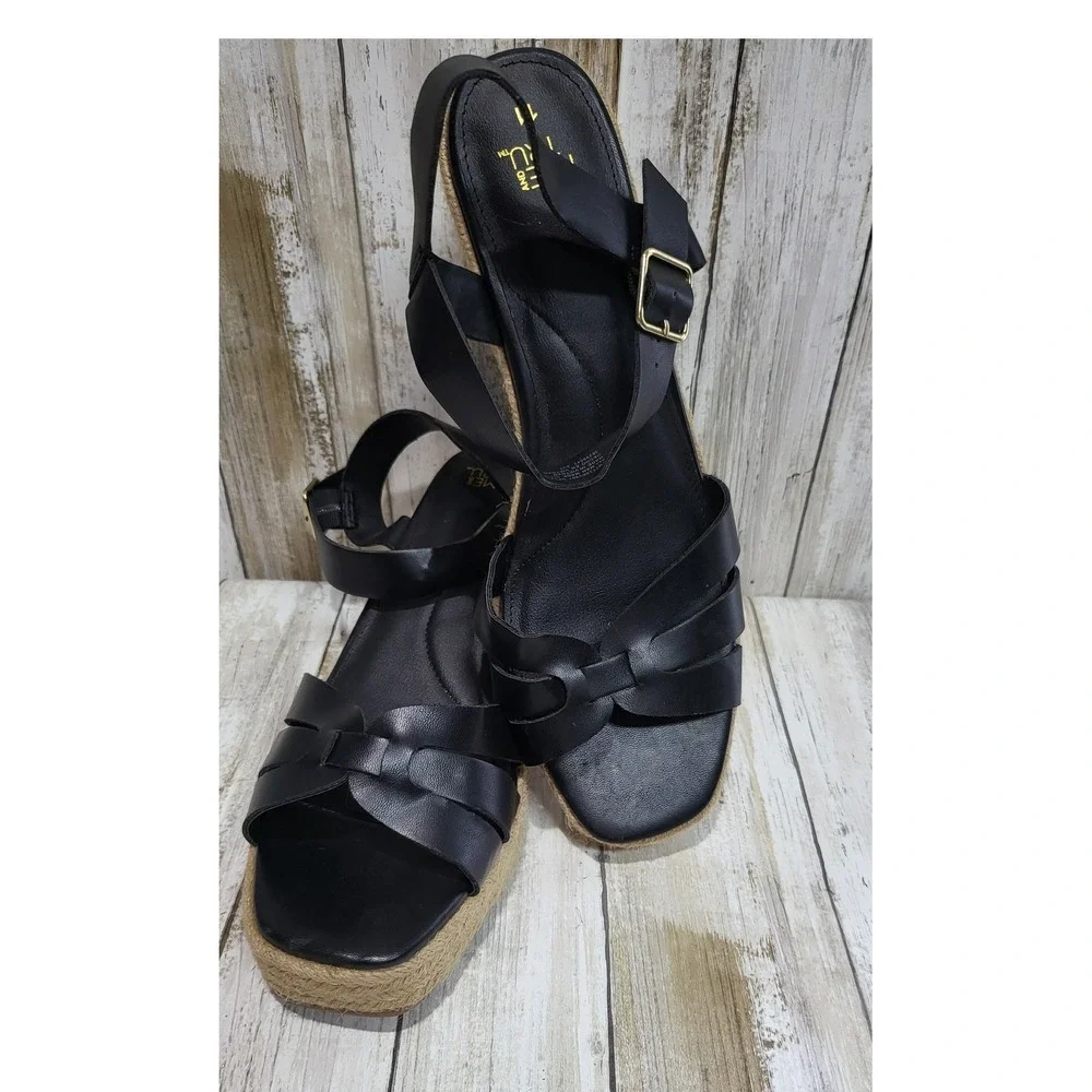 Time and Tru Women Black Espadrille Wedge Sandals Ankle Strap‎ Size 11